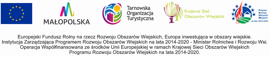 informacja o finansowaniu i logotypy: Unia Europejska, Małopolska, Tarnowska Organizacja Turystyczna, Krajowa Sieć Obszarów Wiejskich
